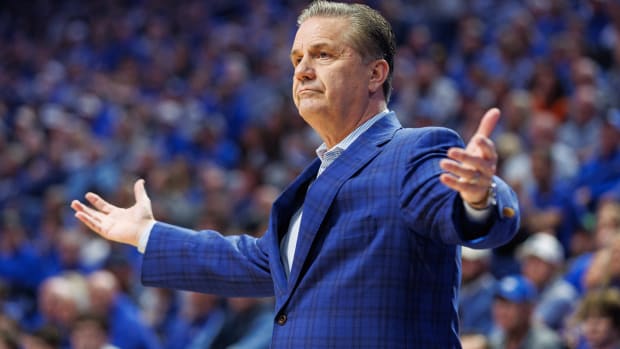 Feb 10, 2024; Lexington, Kentucky, USA; Kentucky Wildcats head coach John Calipari reacts during the first half against the Gonzaga Bulldogs at Rupp Arena at Central Bank Center. Mandatory Credit: Jordan Prather-USA TODAY Sports